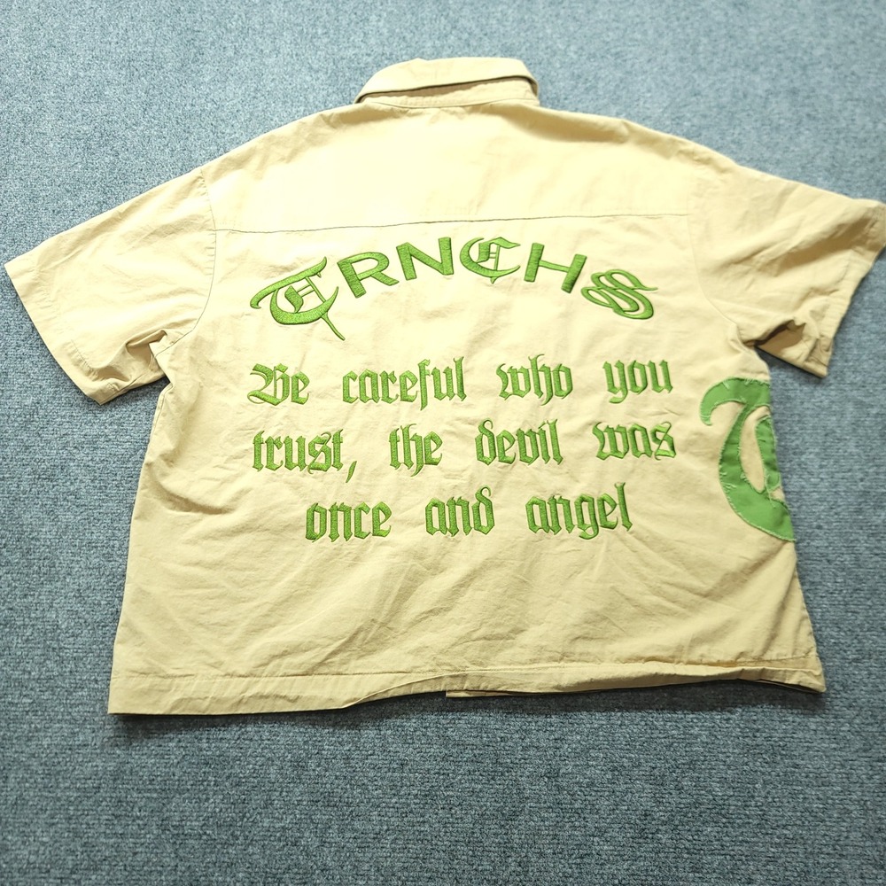 TRNCHS Mens Tan Cotton Gothic Embroidered Streetwear Button Down Shirt Size M